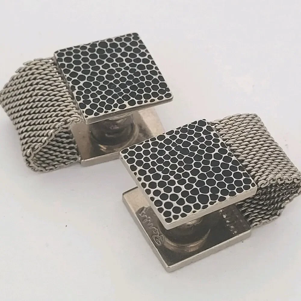 Pansa Vintage Cufflinks Wrap Around Square Silver Tone Meshwrap Brutalist